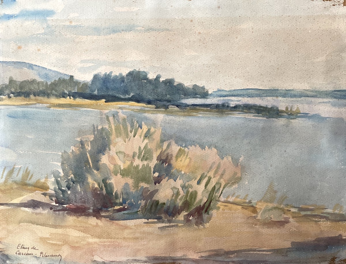 Etang de Carcans, aquarelle, signature à identifier