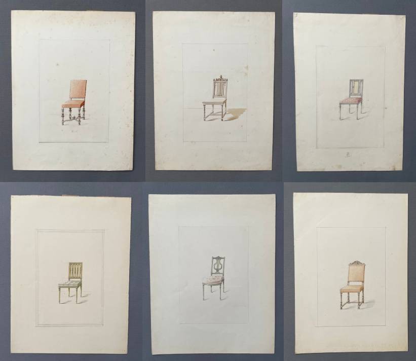 Projets de chaises, 6 dessins aquarellés