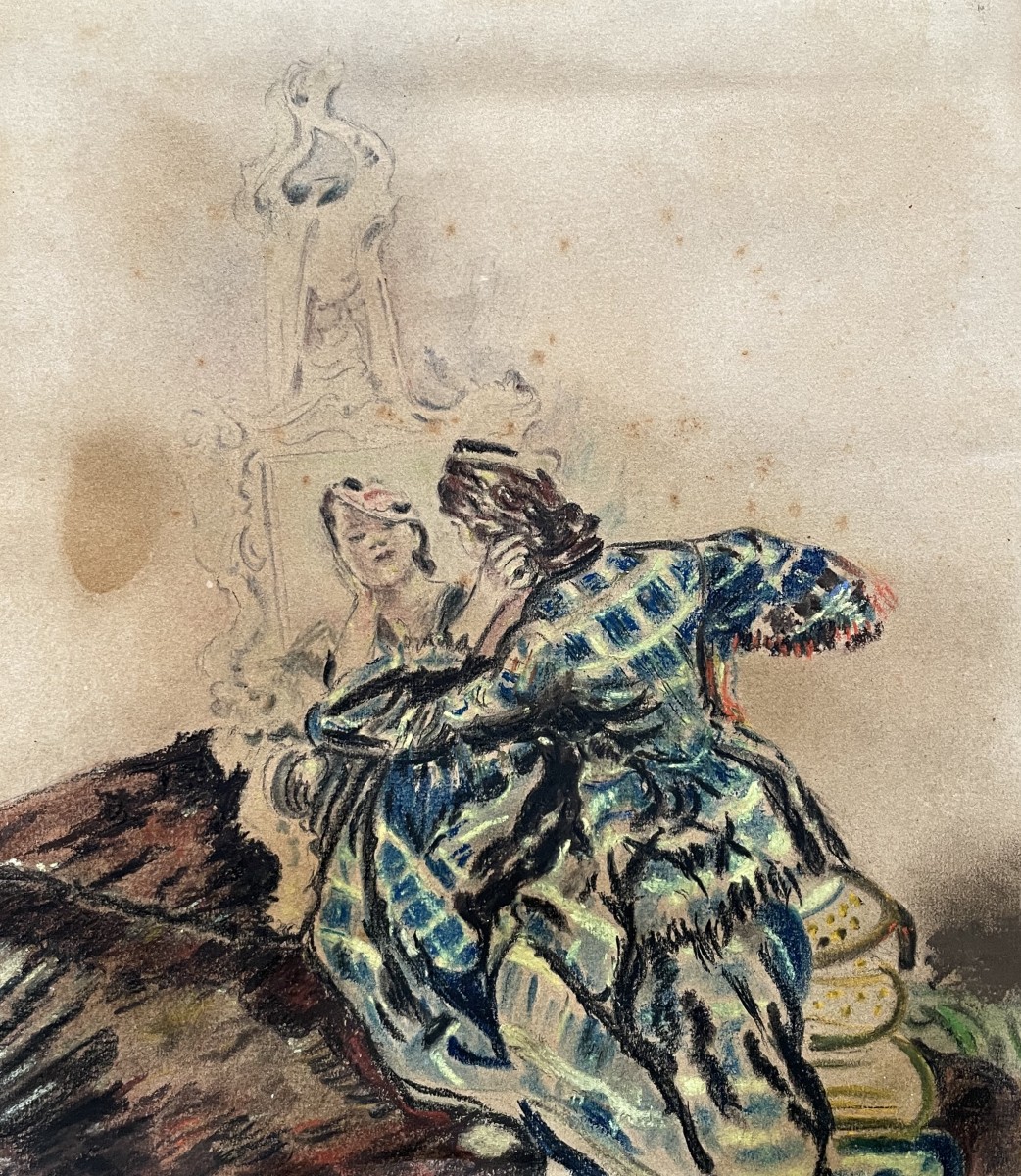 Femme devant sa coiffeuse, pastel
