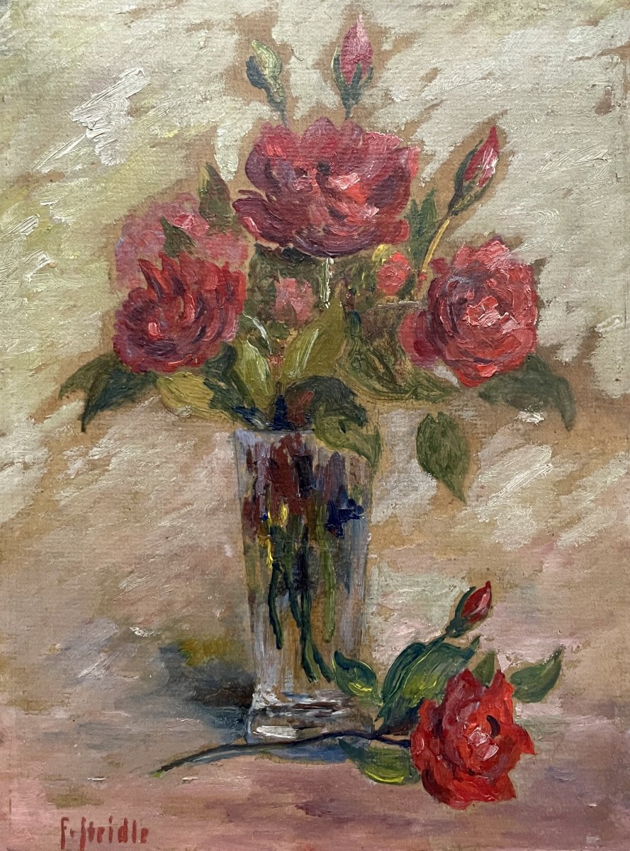Bouquet de roses rouges, huile sur carton, signature à identifier-photo-2