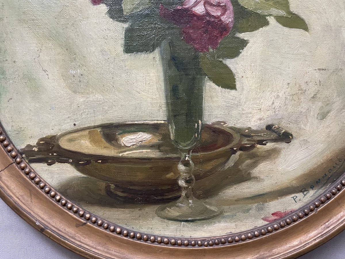 Pierre Bonnaud, bouquet de roses, huile sur toile-photo-1