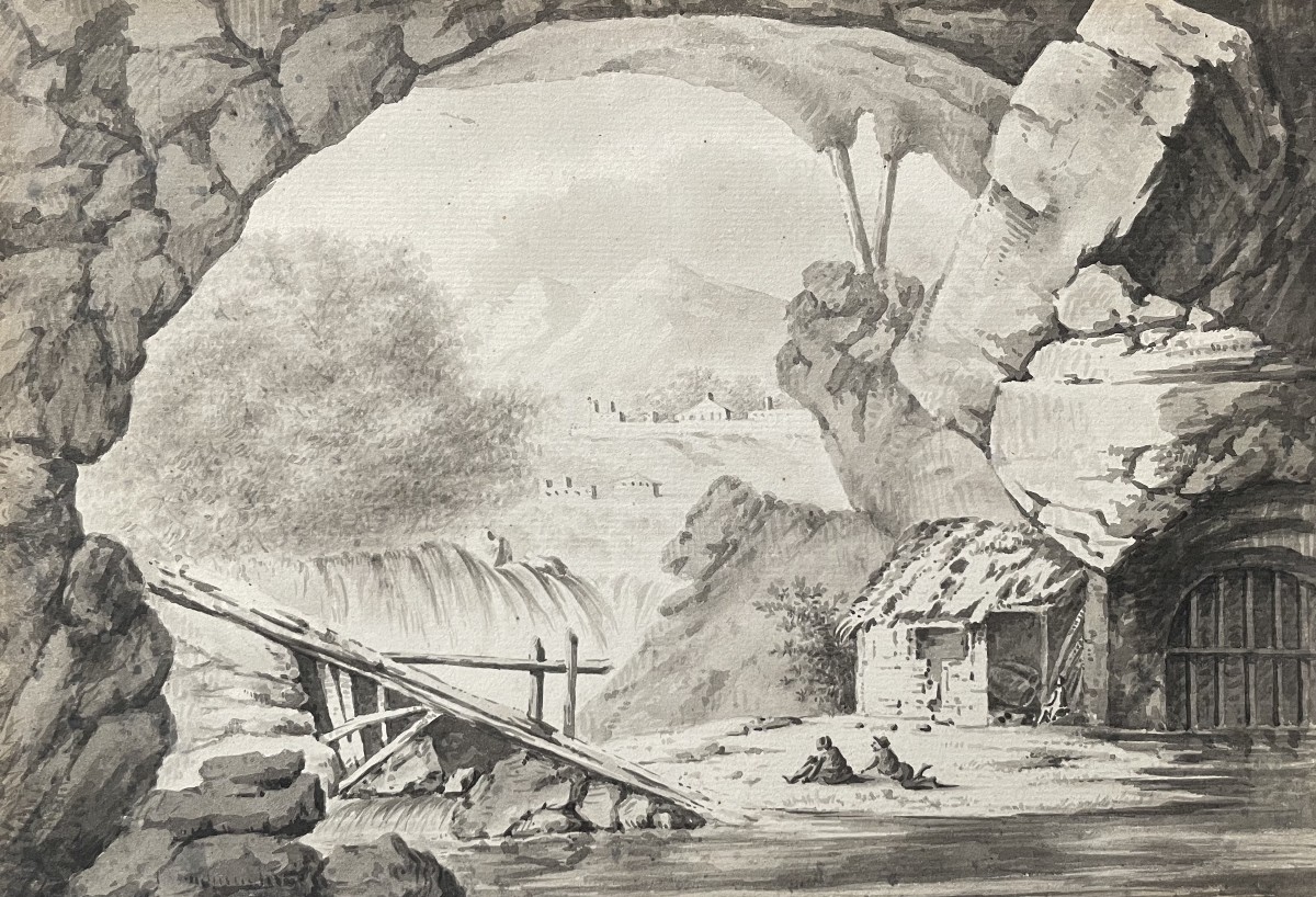  Cascade vue depuis une grotte, lavis d'encre