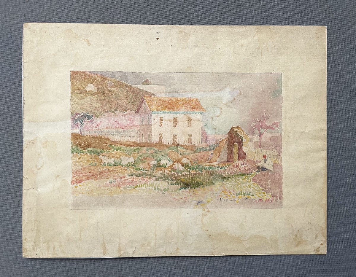 Shepherd And His Flock, Watercolor, Signature To Be Identified-photo-2