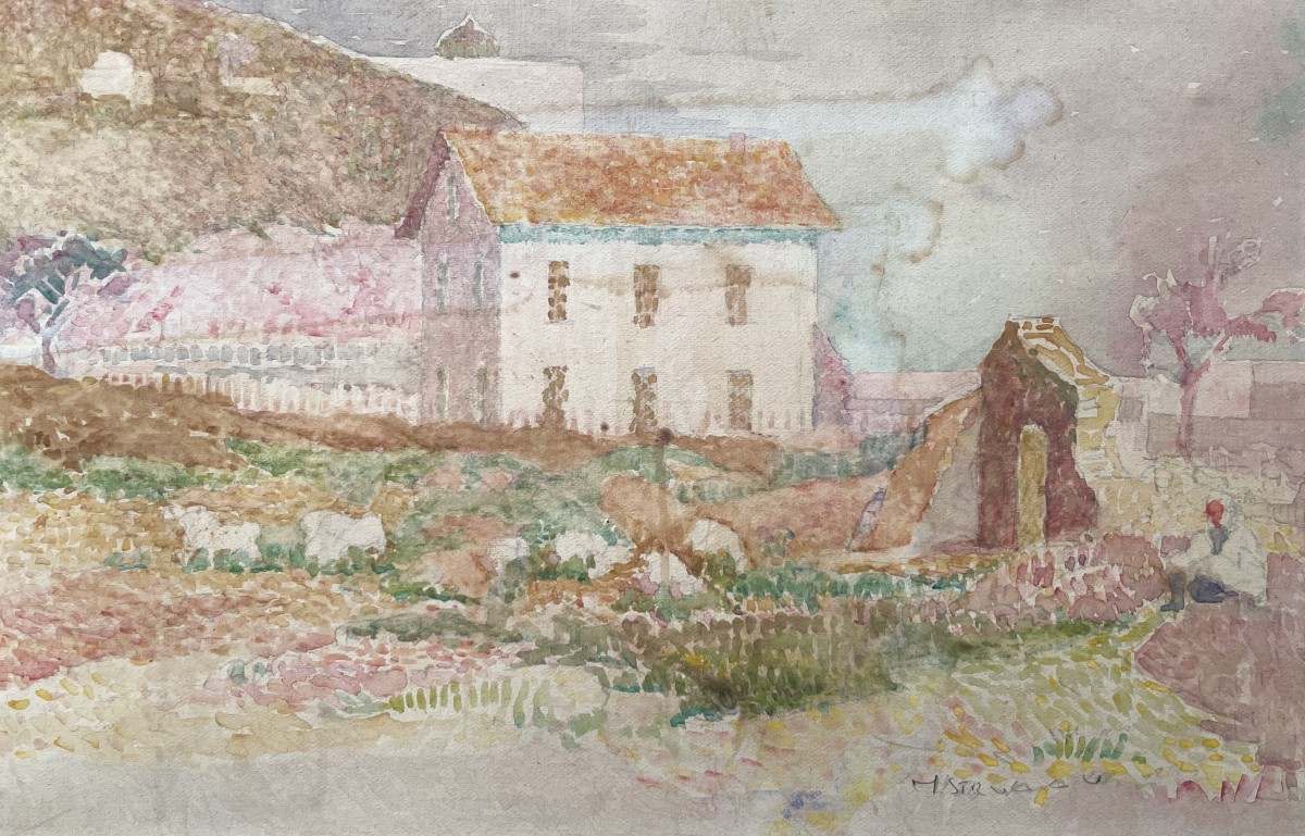 Shepherd And His Flock, Watercolor, Signature To Be Identified