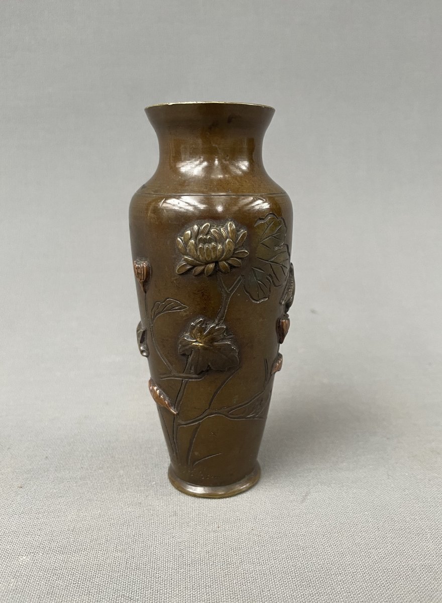 Japan, Bronze Vase Decorated With Flowers And Birds, 19th Century-photo-2
