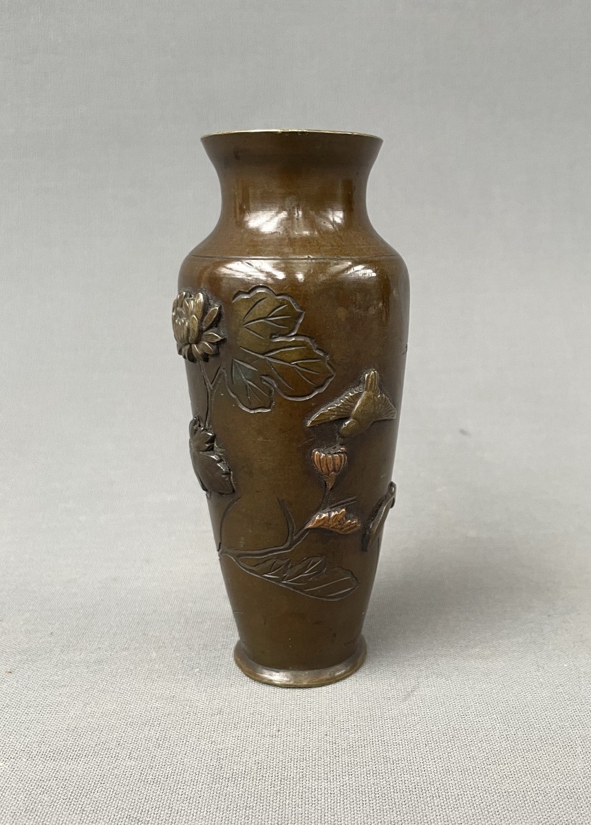 Japan, Bronze Vase Decorated With Flowers And Birds, 19th Century