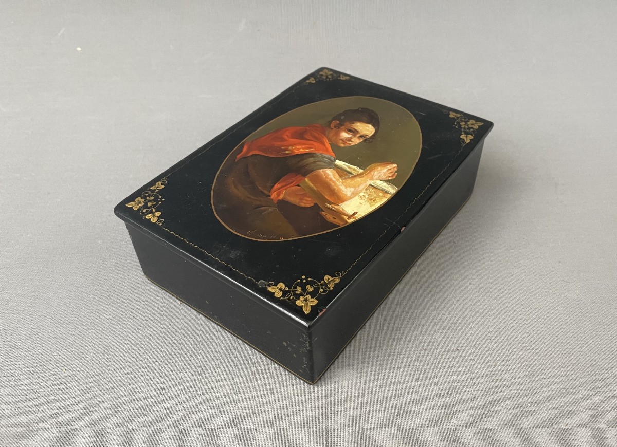 Box, Painted Lid, Young Woman Embroidering