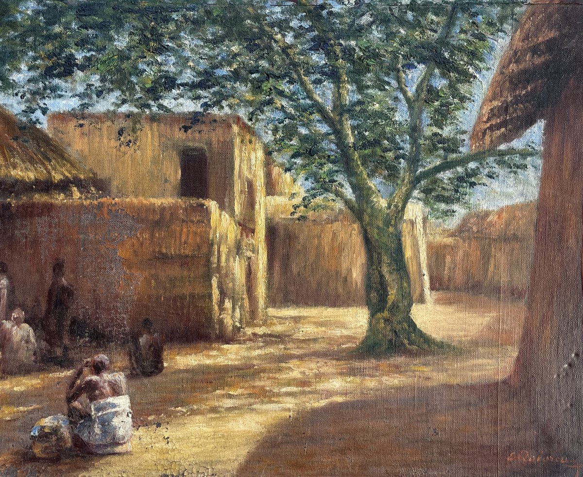 African Village, Oil On Canvas, Signature To Be Identified-photo-2