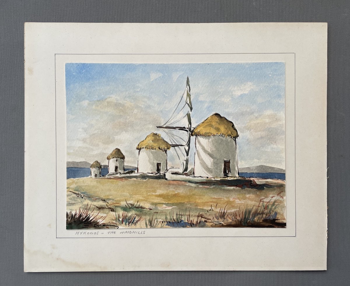 Mykonos, The Windmills, Watercolor-photo-2