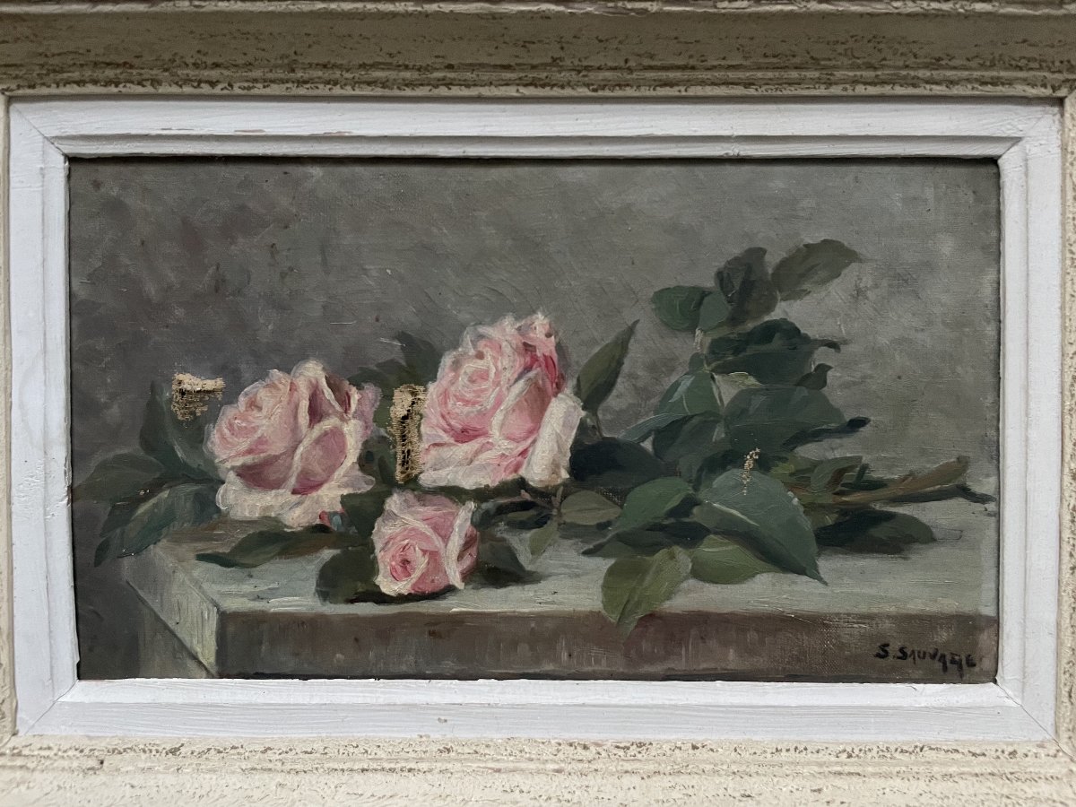 Roses sur un entablement, huile sur toile à restaurer-photo-2