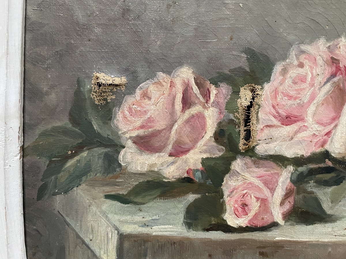 Roses sur un entablement, huile sur toile à restaurer-photo-4