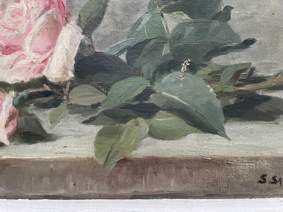 Roses sur un entablement, huile sur toile à restaurer-photo-1