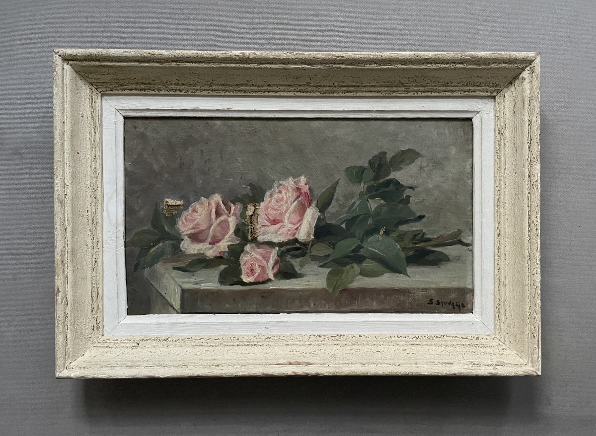Roses sur un entablement, huile sur toile à restaurer