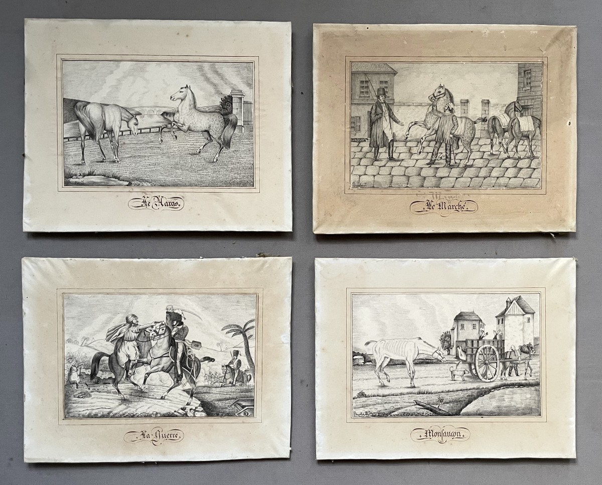 Vie et mort du cheval, quatre dessins signés J. Baulot
