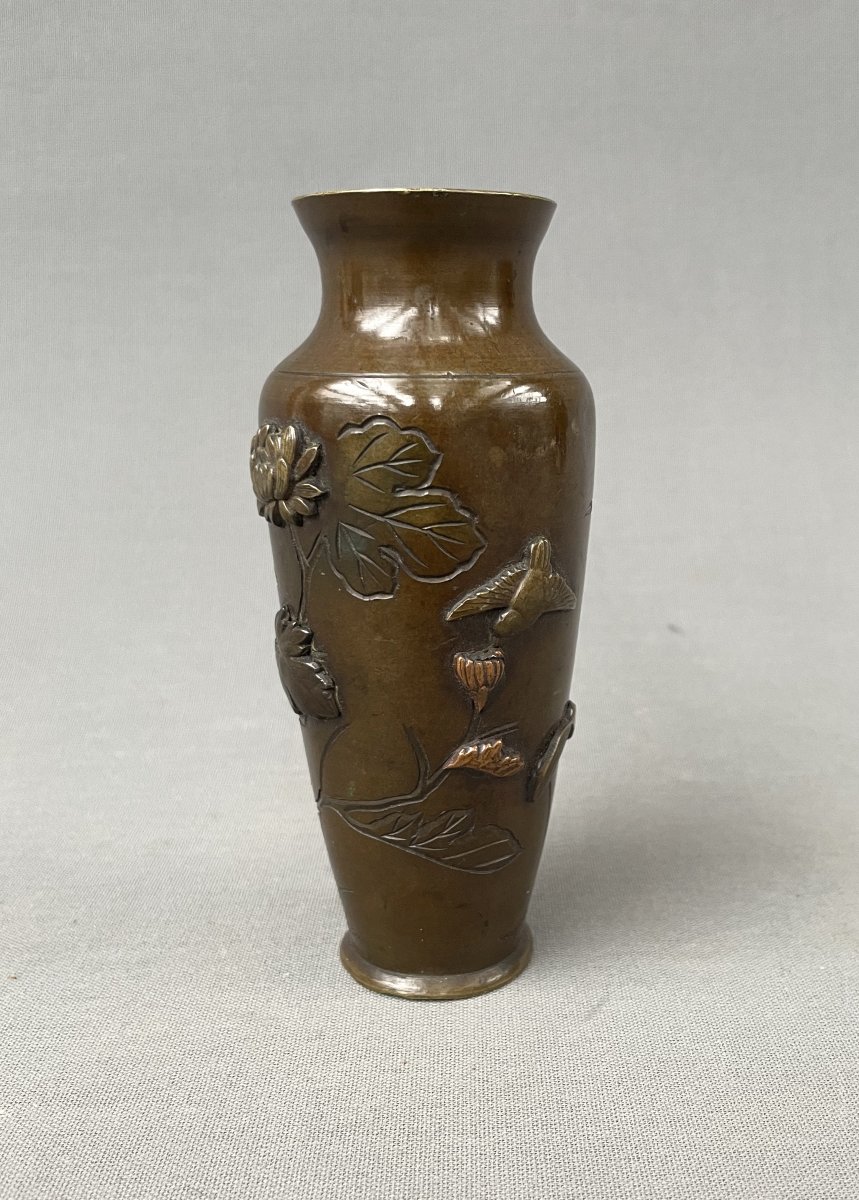 Japon, vase en bronze à décor de fleurs et oiseaux, XIXe-photo-2