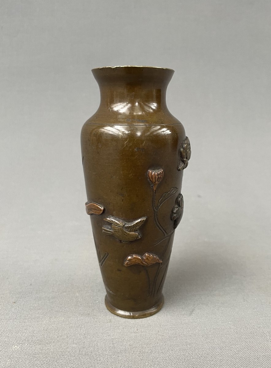 Japon, vase en bronze à décor de fleurs et oiseaux, XIXe-photo-3