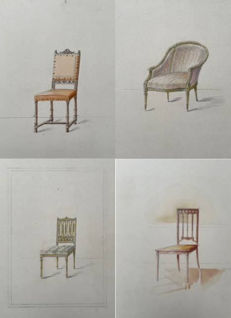 Projets de chaises, 4 dessins aquarellés 