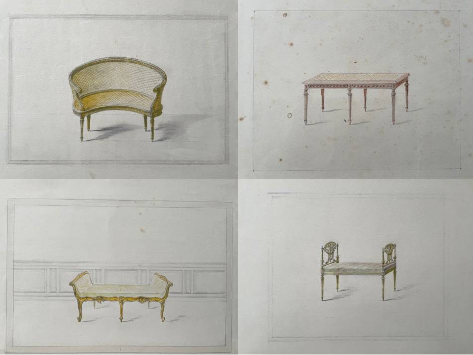 Projets de banquettes, 4 dessins aquarellés