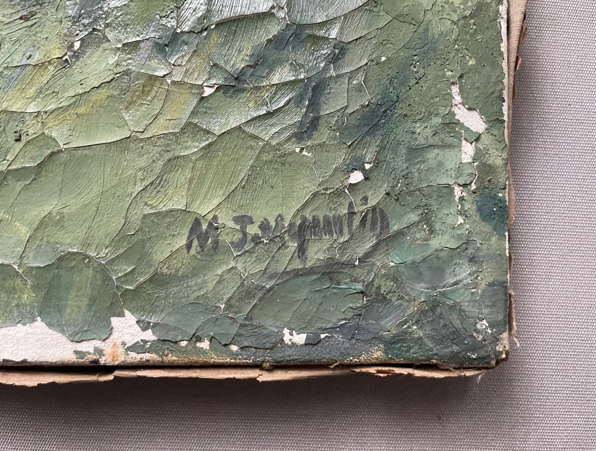 Bouquet de fleurs, huile sur toile à restaurer, signature à identifier-photo-2