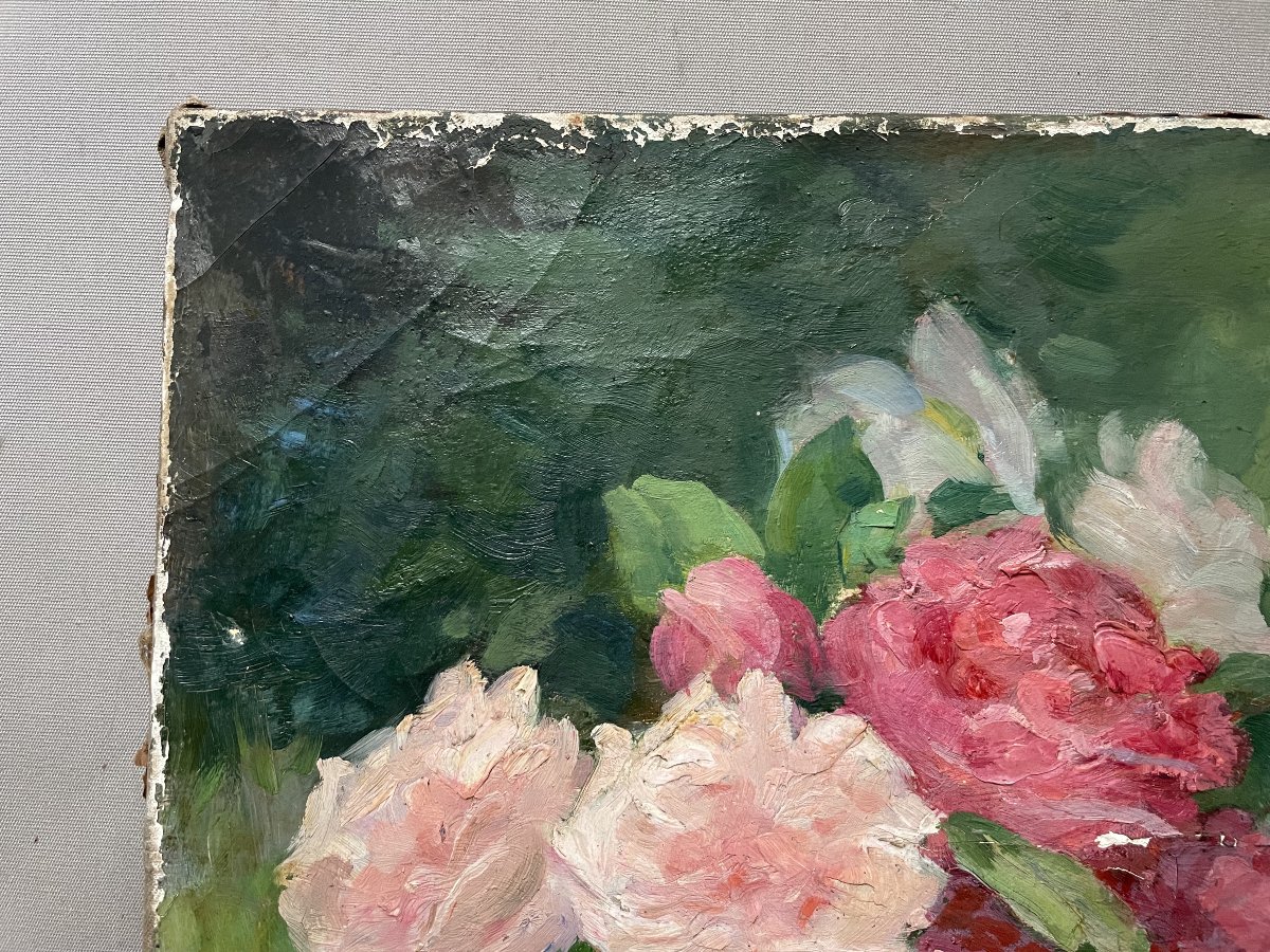 Bouquet de fleurs, huile sur toile à restaurer, signature à identifier-photo-3