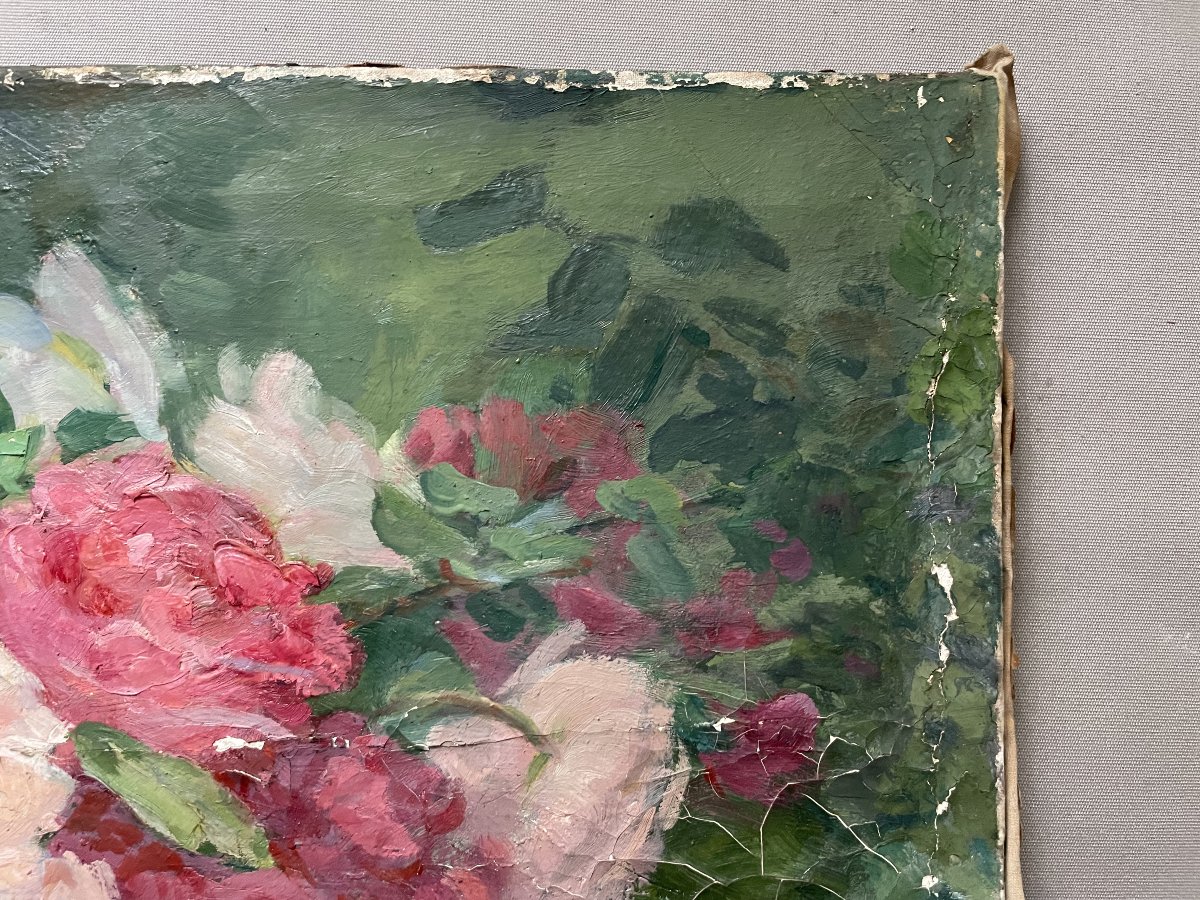 Bouquet de fleurs, huile sur toile à restaurer, signature à identifier-photo-4