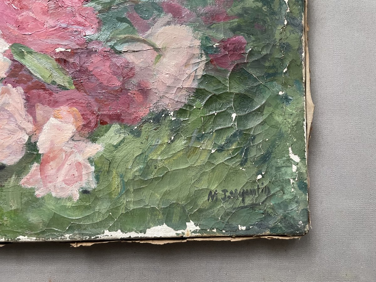 Bouquet de fleurs, huile sur toile à restaurer, signature à identifier-photo-1
