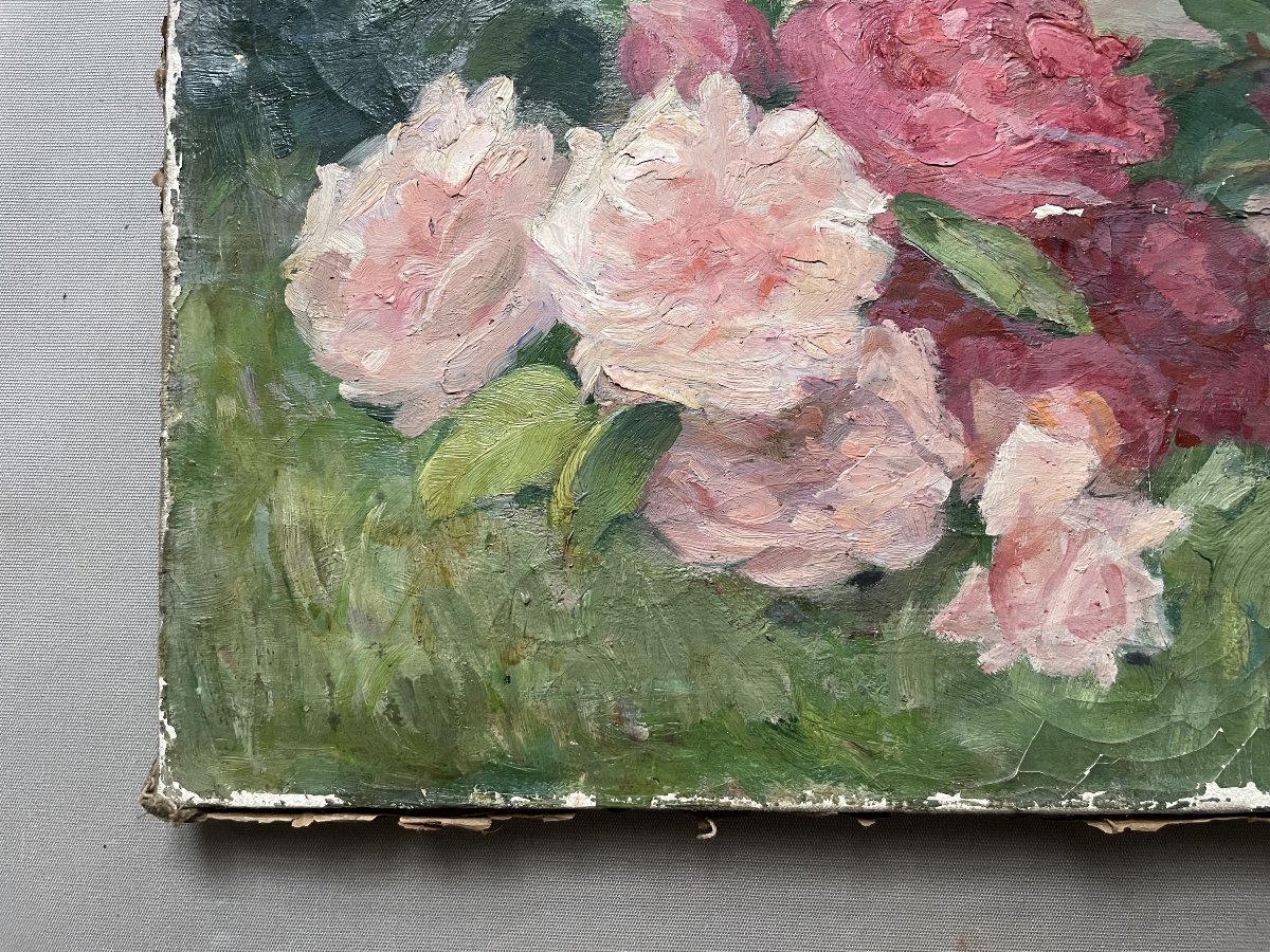 Bouquet de fleurs, huile sur toile à restaurer, signature à identifier-photo-2