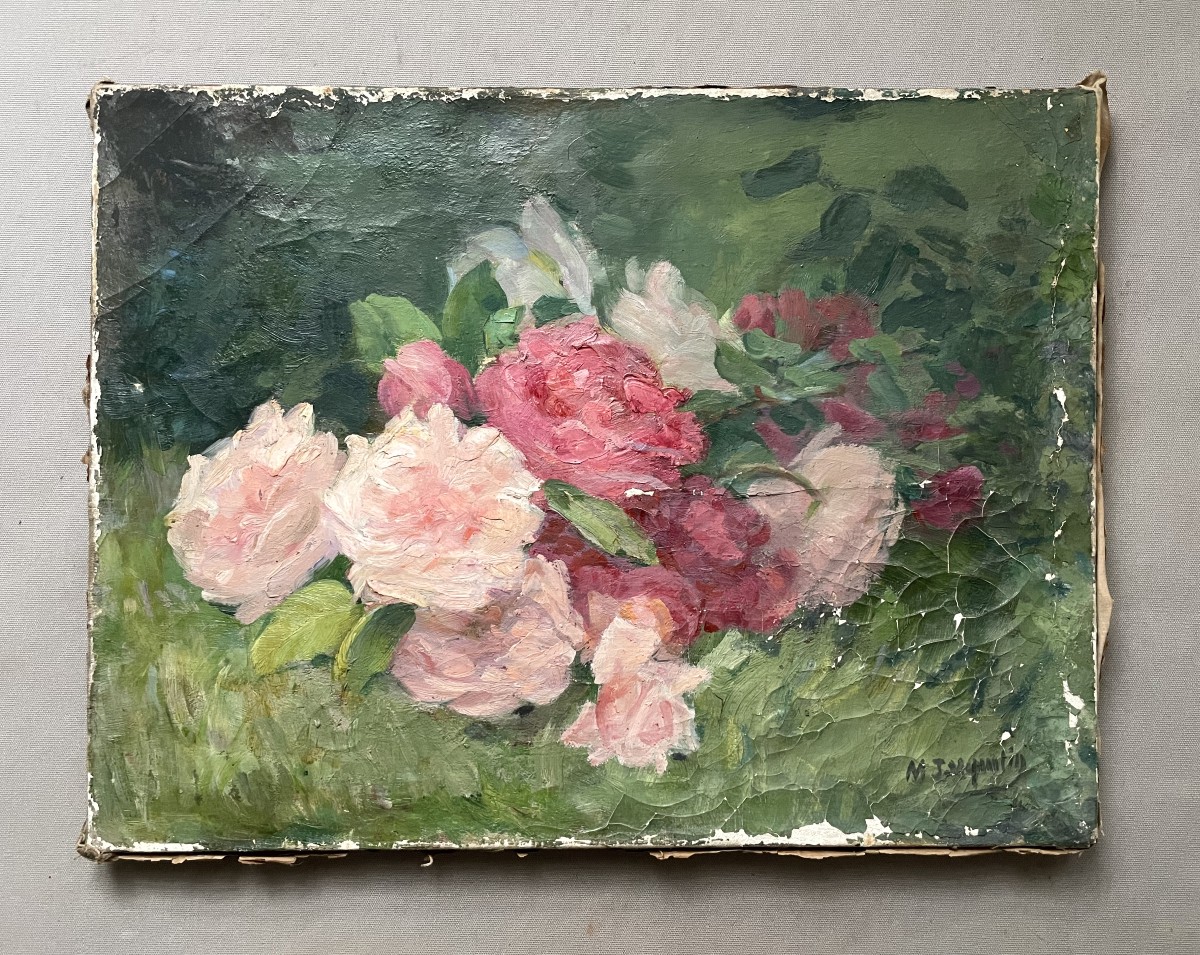Bouquet de fleurs, huile sur toile à restaurer, signature à identifier