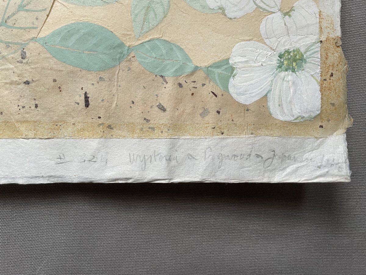 Cornouiller et glycine, Gouache japonisante, Signature à identifier-photo-3