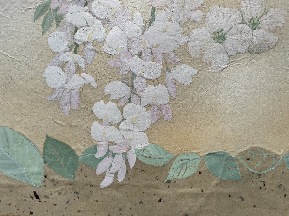 Cornouiller et glycine, Gouache japonisante, Signature à identifier-photo-1