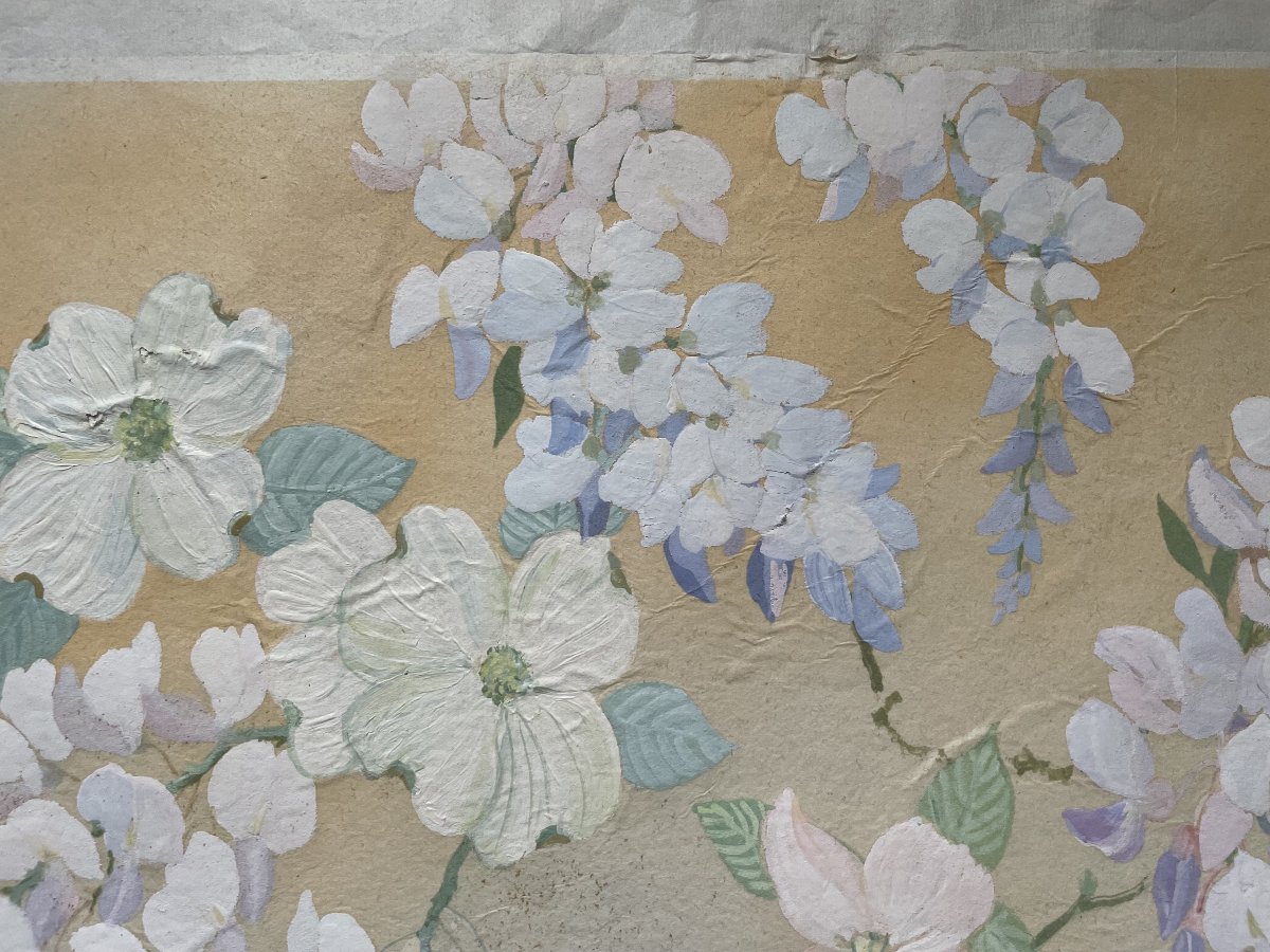 Cornouiller et glycine, Gouache japonisante, Signature à identifier-photo-2