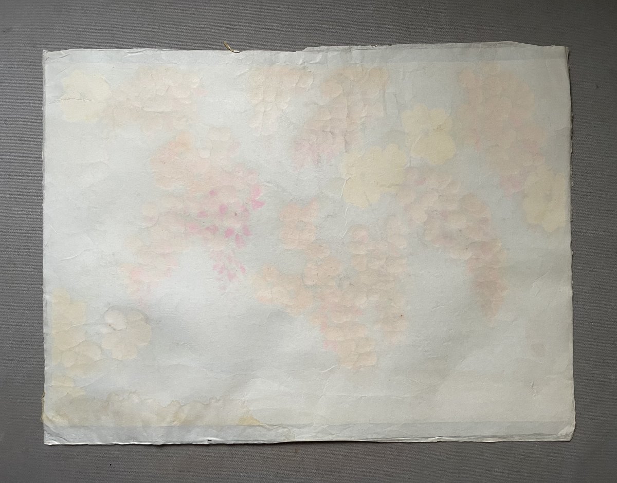 Cornouiller et glycine, Gouache japonisante, Signature à identifier-photo-3