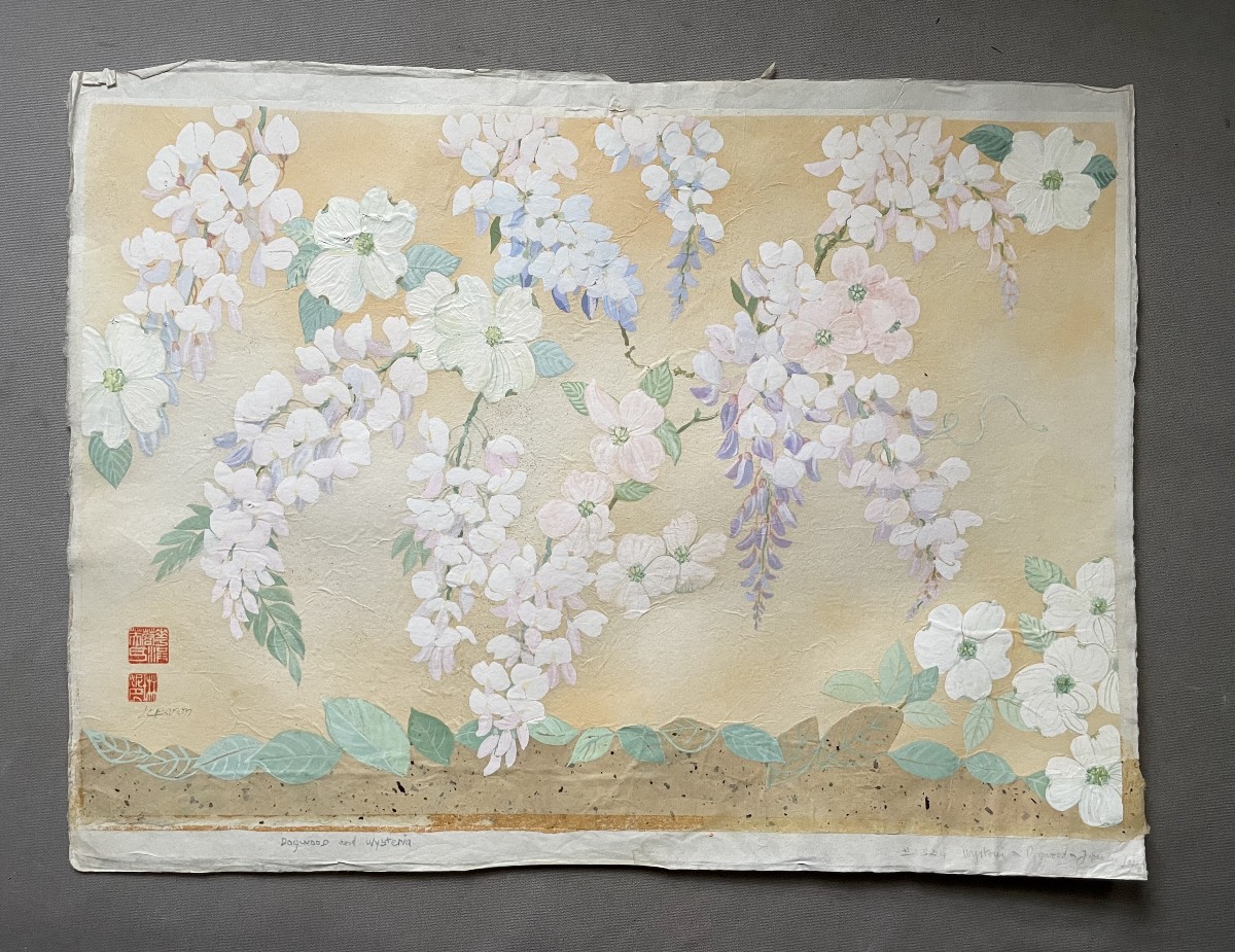 Cornouiller et glycine, Gouache japonisante, Signature à identifier
