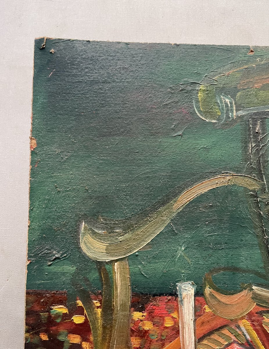 Nature morte au fauteuil paillé, huile sur carton double face-photo-2