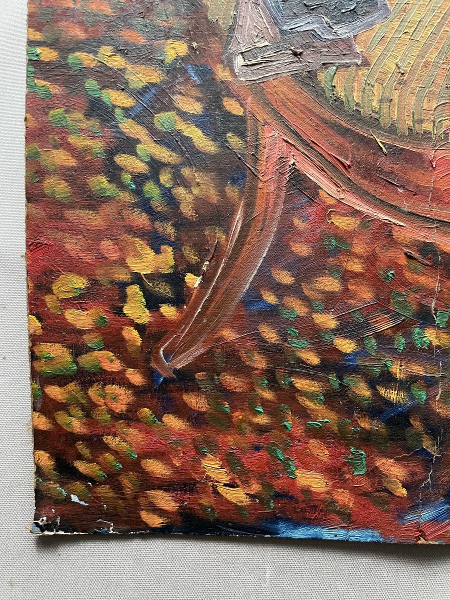 Nature morte au fauteuil paillé, huile sur carton double face-photo-3