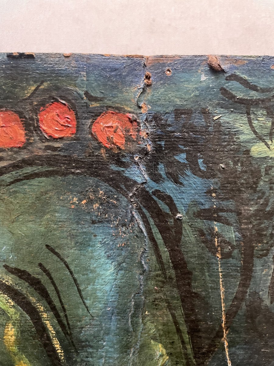 Nature morte au fauteuil paillé, huile sur carton double face-photo-7