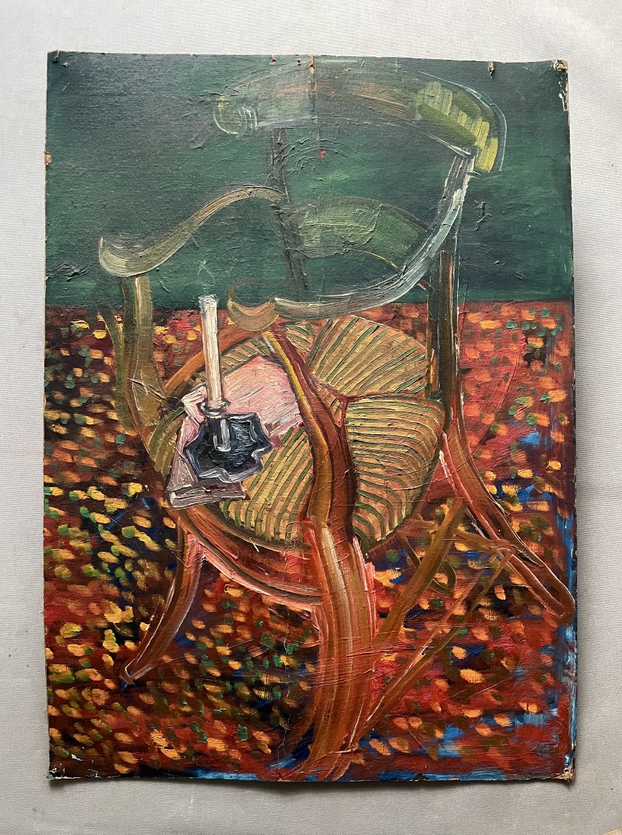 Nature morte au fauteuil paillé, huile sur carton double face