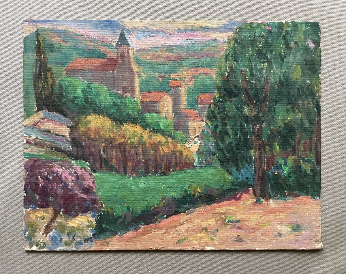Vue de village, huile sur carton