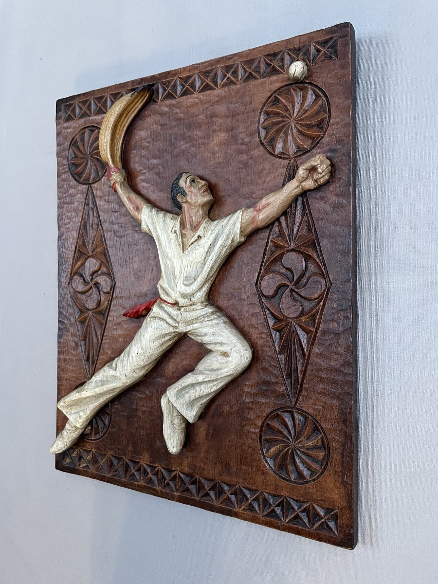 Basque Pelota Player, Polychrome Carved Wooden Panel-photo-2