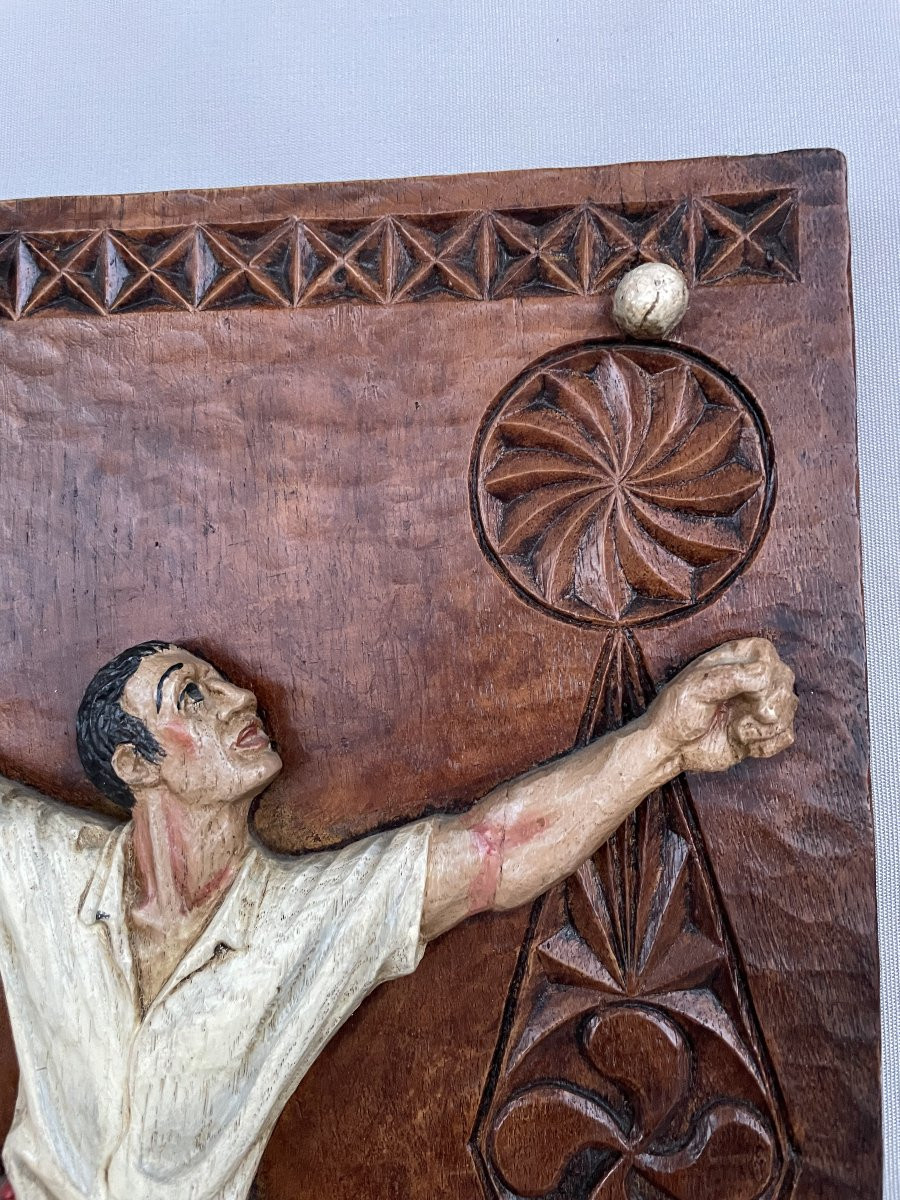 Basque Pelota Player, Polychrome Carved Wooden Panel-photo-3