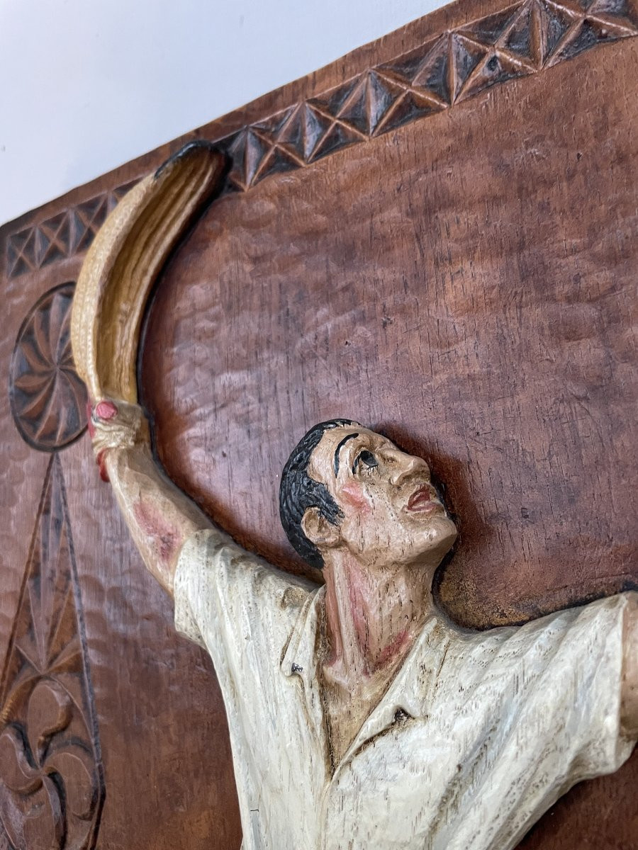 Basque Pelota Player, Polychrome Carved Wooden Panel-photo-4