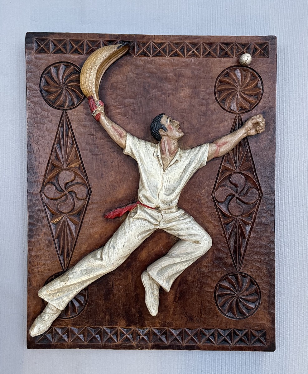 Basque Pelota Player, Polychrome Carved Wooden Panel