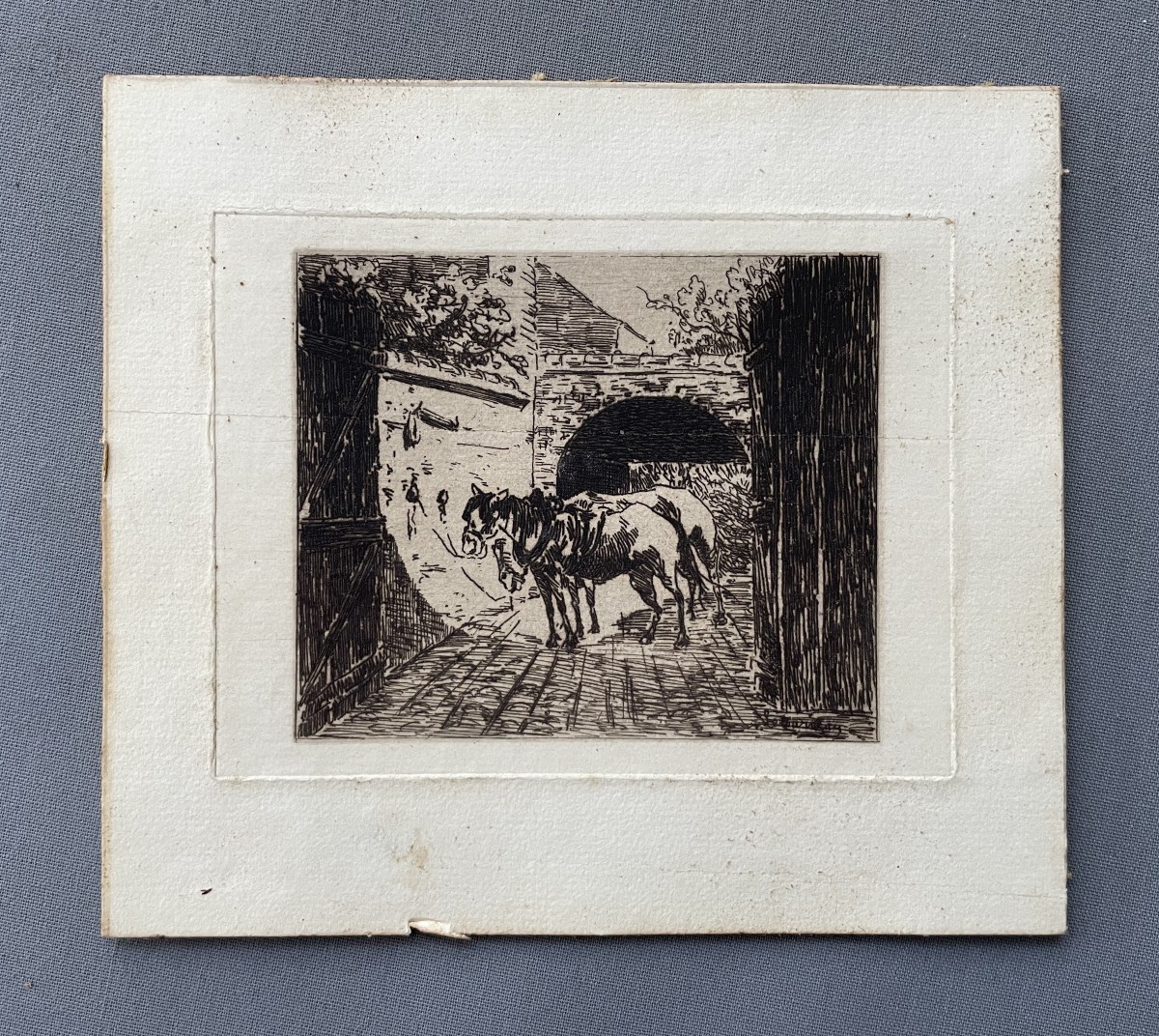 Chevaux, eau forte, signature à déchiffrer