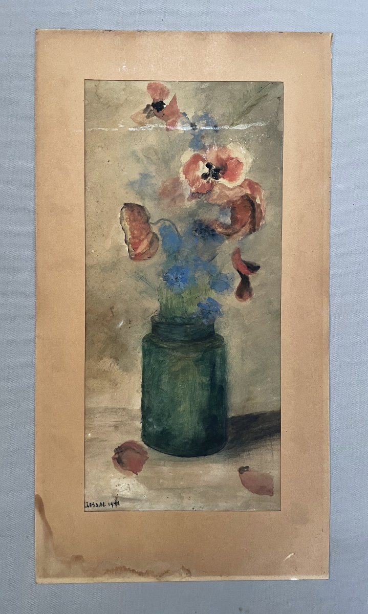 Bouquet Of Poppies, Watercolor Signed And Dated 1941-photo-2