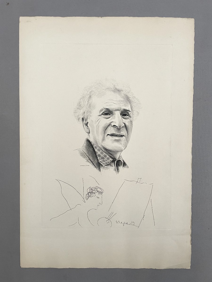 Jacques Combet, Portrait Of Marc Chagall, Engraving-photo-2
