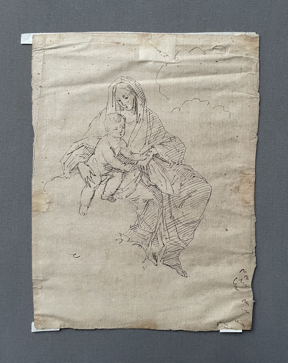 Vierge à l'enfant, dessin à la plume, XVIIIe