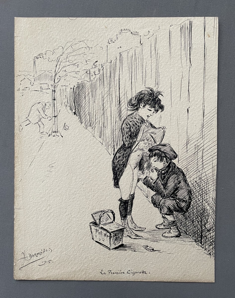 The First Cigarette, Drawing Signed H. Dardenne, 1915
