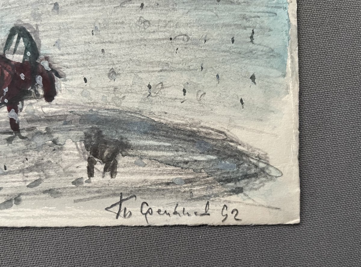 Sledding In The Snow, Mixed Technique, Signature To Be Identified-photo-2