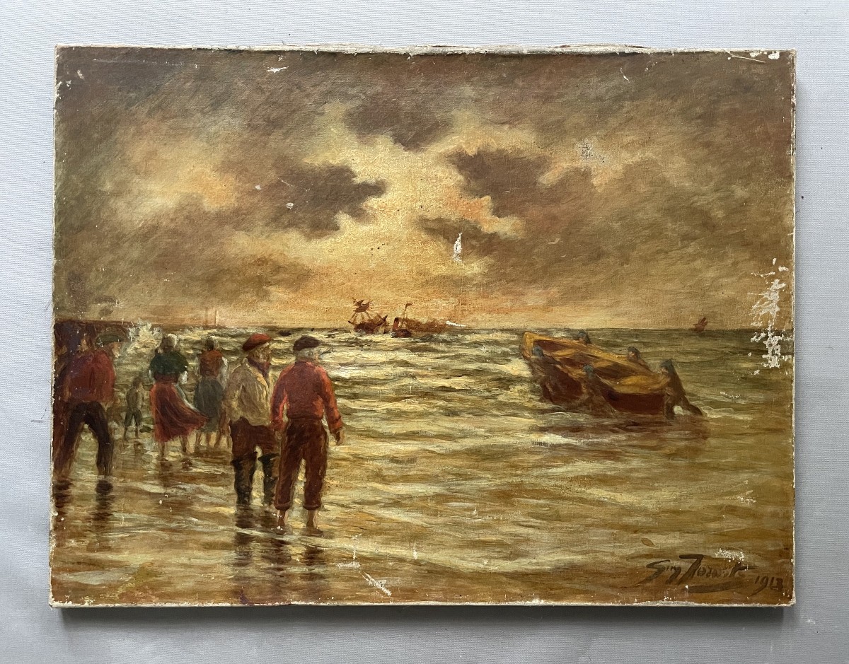Sauvetage en mer, huile sur toile, signature à identifier