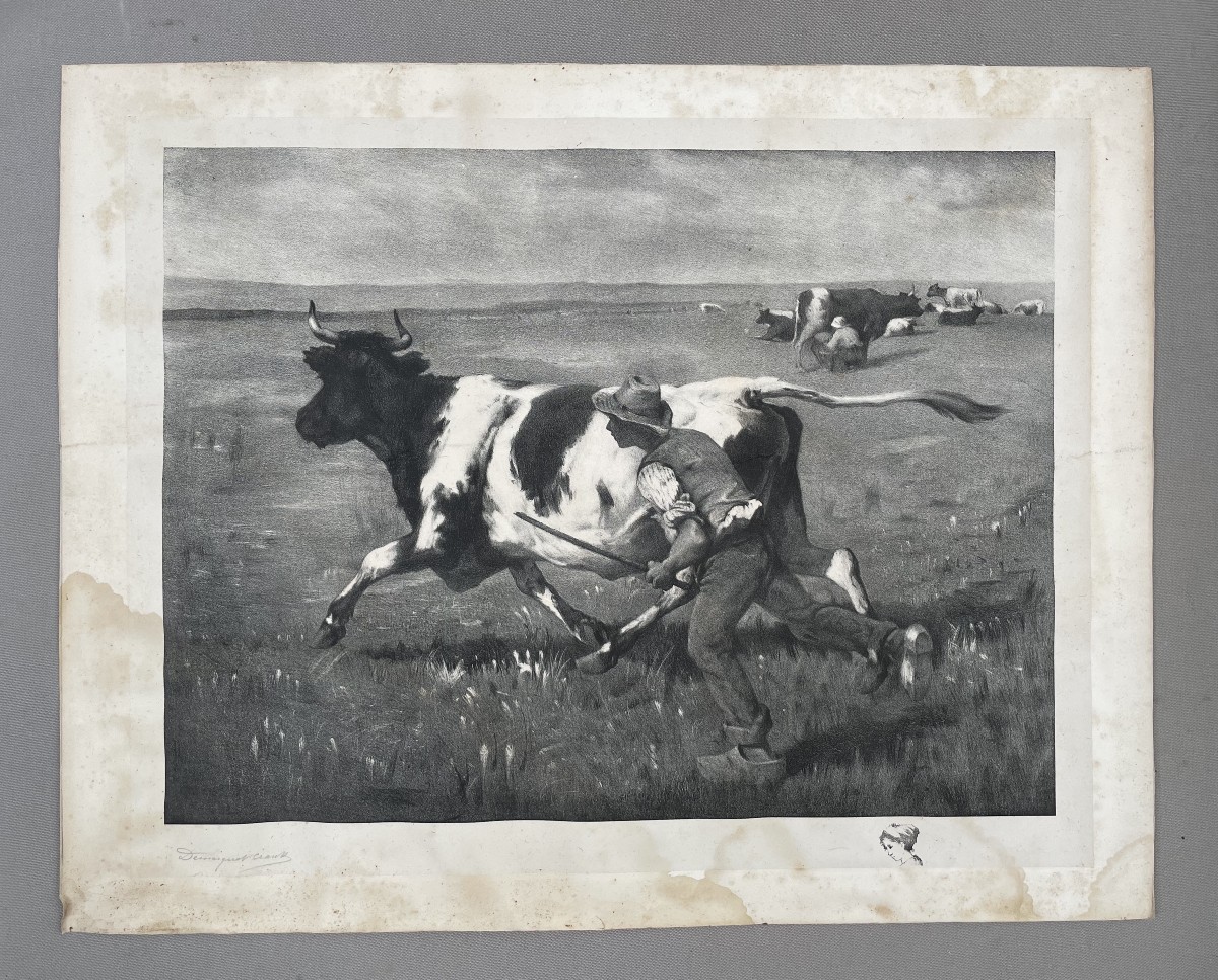 La vache échappée, lithographie d'après Julien Dupré